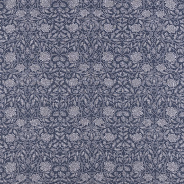 Blue-grey floral woven fabric with leafy vine pattern and small blooms