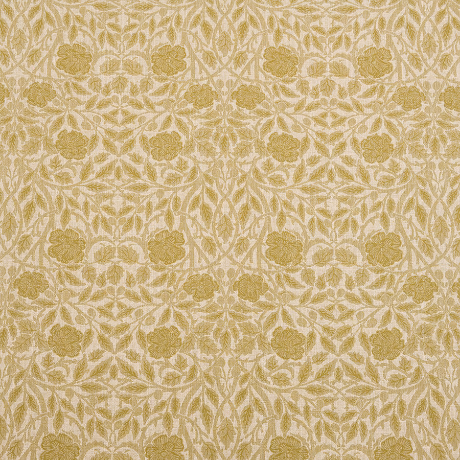 Pale floral woven fabric with muted olive-gold motifs on a soft cream ground