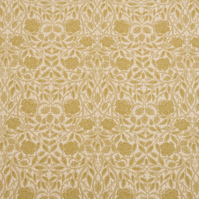 Pale floral woven fabric with muted olive-gold motifs on a soft cream ground