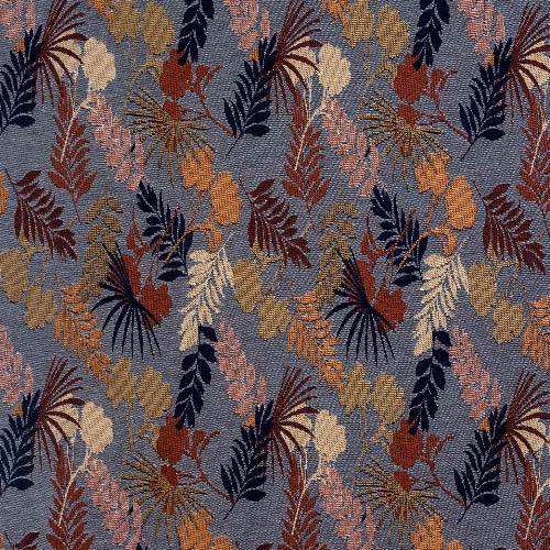 Patterned fabric with slate-blue ground and multicolour botanical leaf motifs