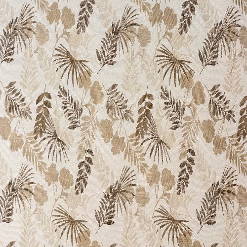 Natural beige botanical fabric with taupe and brown leaf motifs on a textured ground