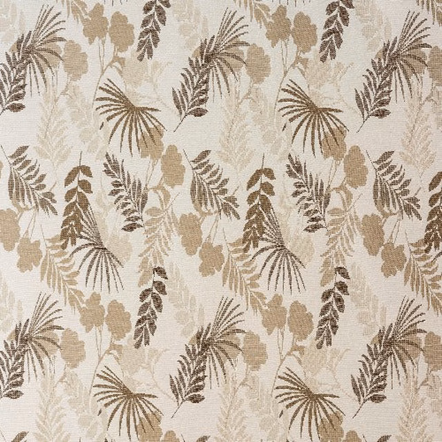 Natural beige botanical fabric with taupe and brown leaf motifs on a textured ground