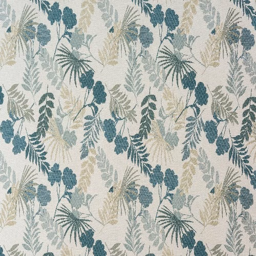 Seafoam teal botanical fabric with trailing leaf and palm motifs on a pale ground