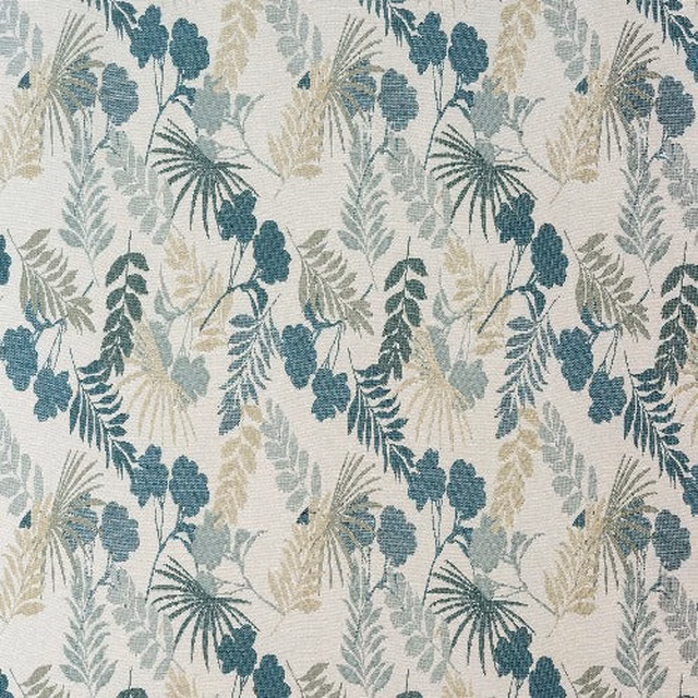 Seafoam teal botanical fabric with trailing leaf and palm motifs on a pale ground
