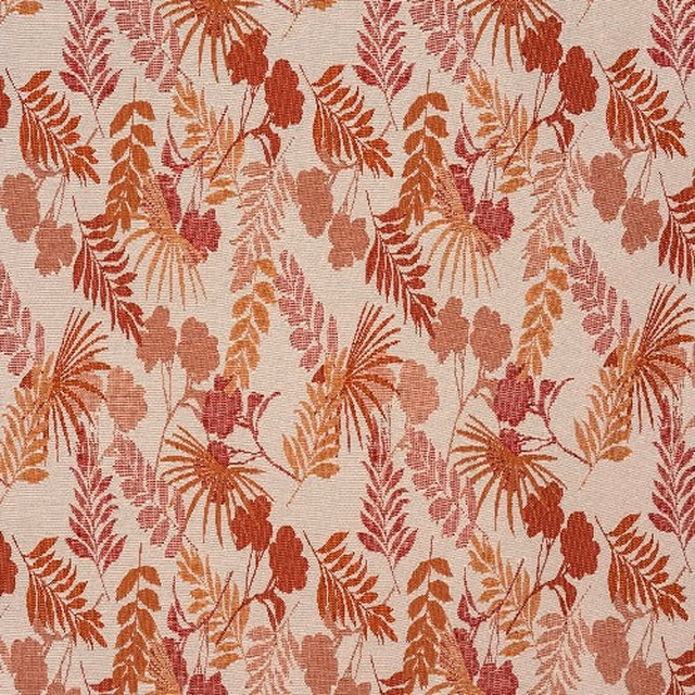 Swatch of terracotta and coral botanical leaves on a pale woven ground