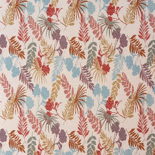 Cream woven fabric with multicolour floral sprays in coral, aqua, lilac and ochre