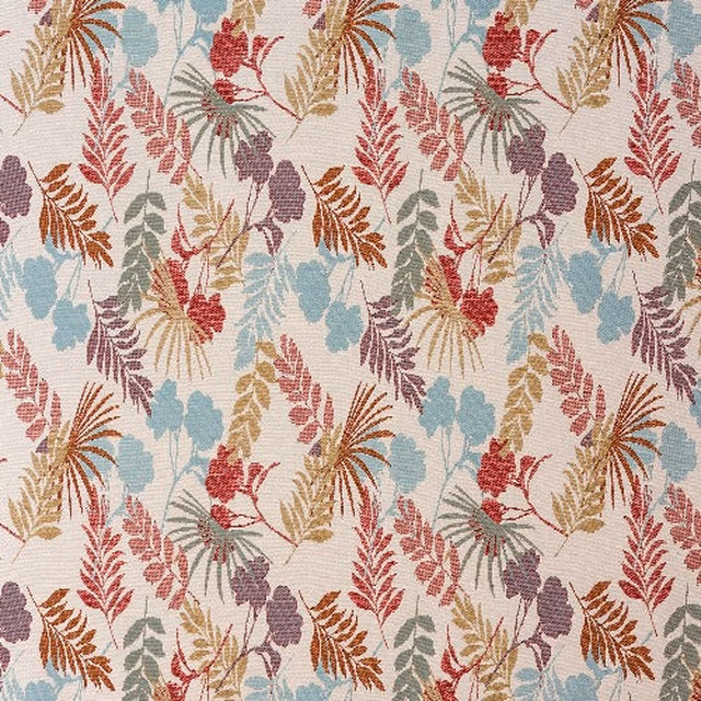 Cream woven fabric with multicolour floral sprays in coral, aqua, lilac and ochre