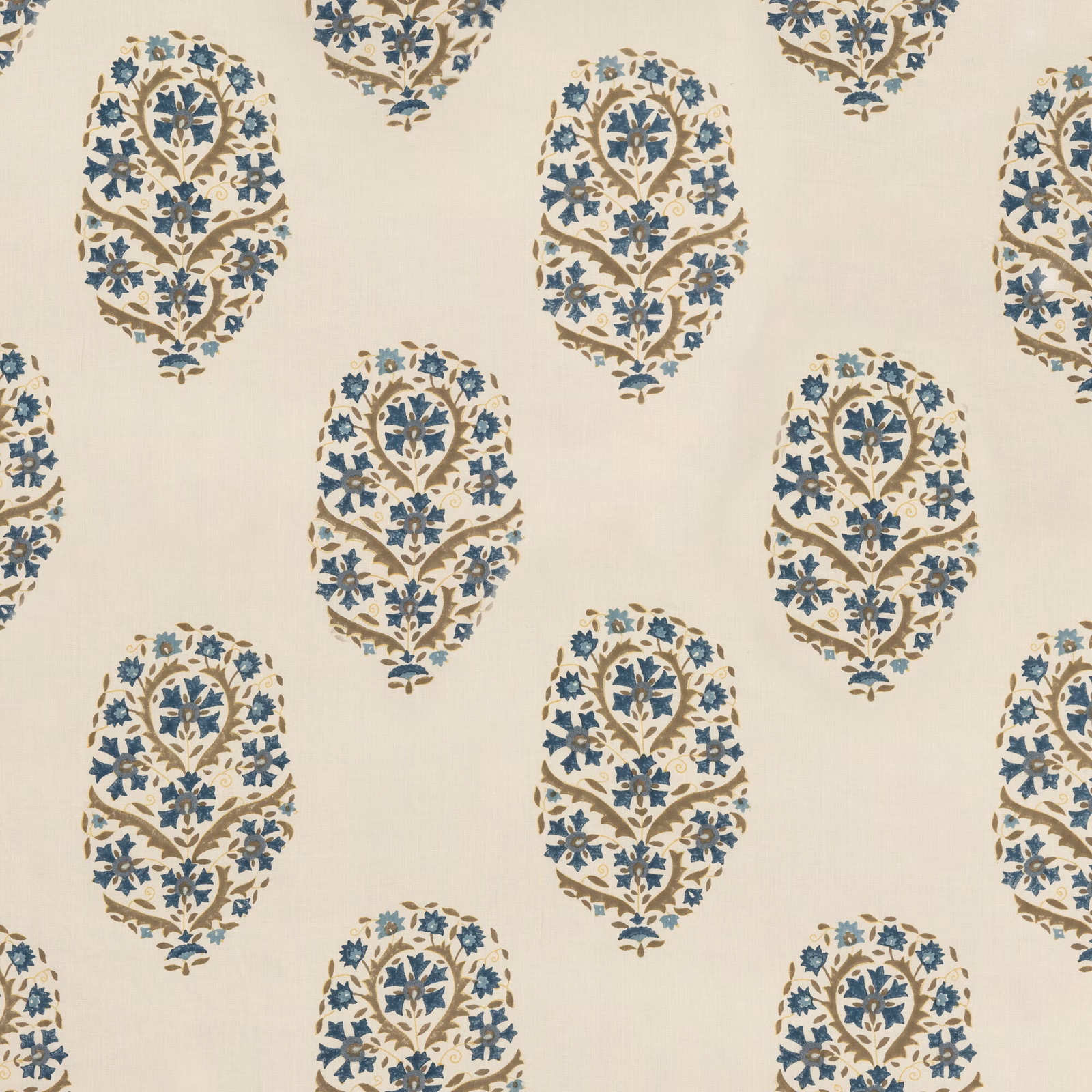 Cream linen fabric with indigo and taupe floral medallions in a repeating pattern