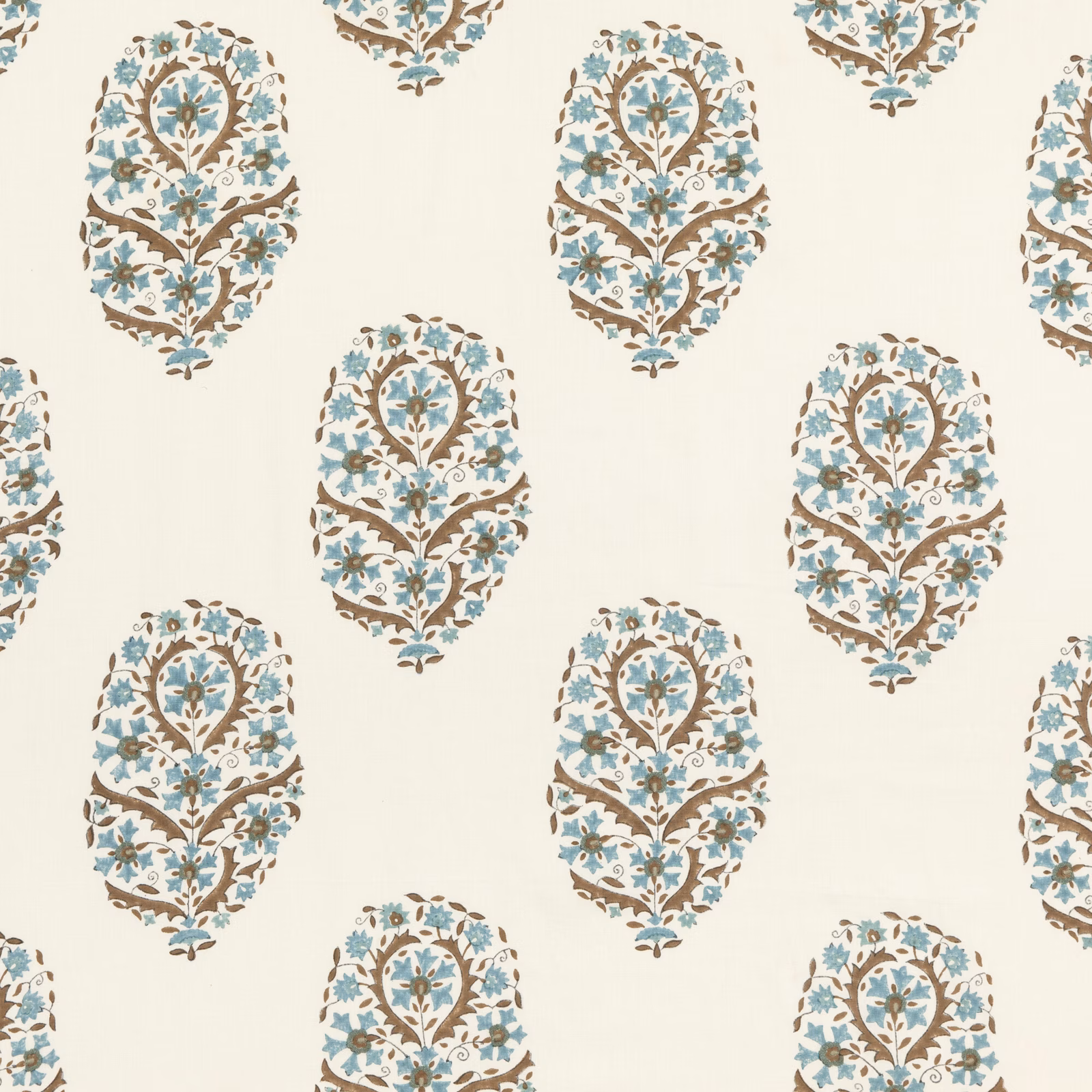 Ivory fabric with muted teal, blue and brown floral paisley medallions
