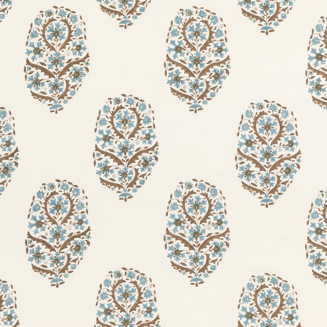Ivory fabric with muted teal, blue and brown floral paisley medallions