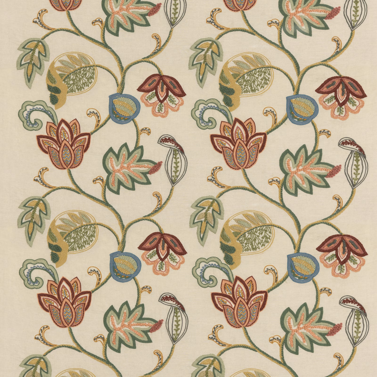 Cream botanical fabric with terracotta, sage, teal and olive scrolling florals