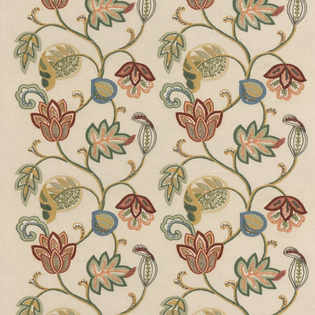 Cream botanical fabric with terracotta, sage, teal and olive scrolling florals