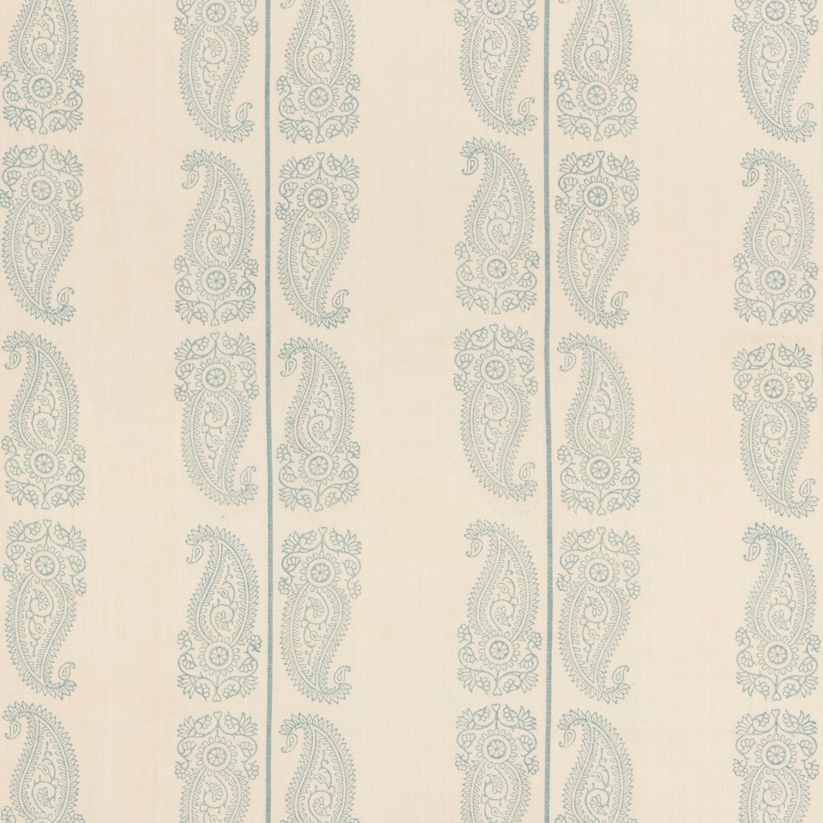 Pale aqua paisleys in vertical columns on a warm ivory woven fabric