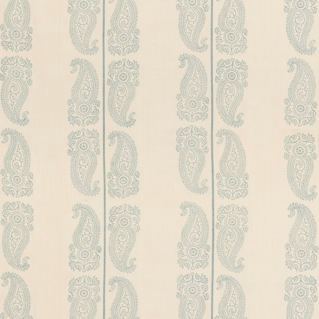 Pale aqua paisleys in vertical columns on a warm ivory woven fabric