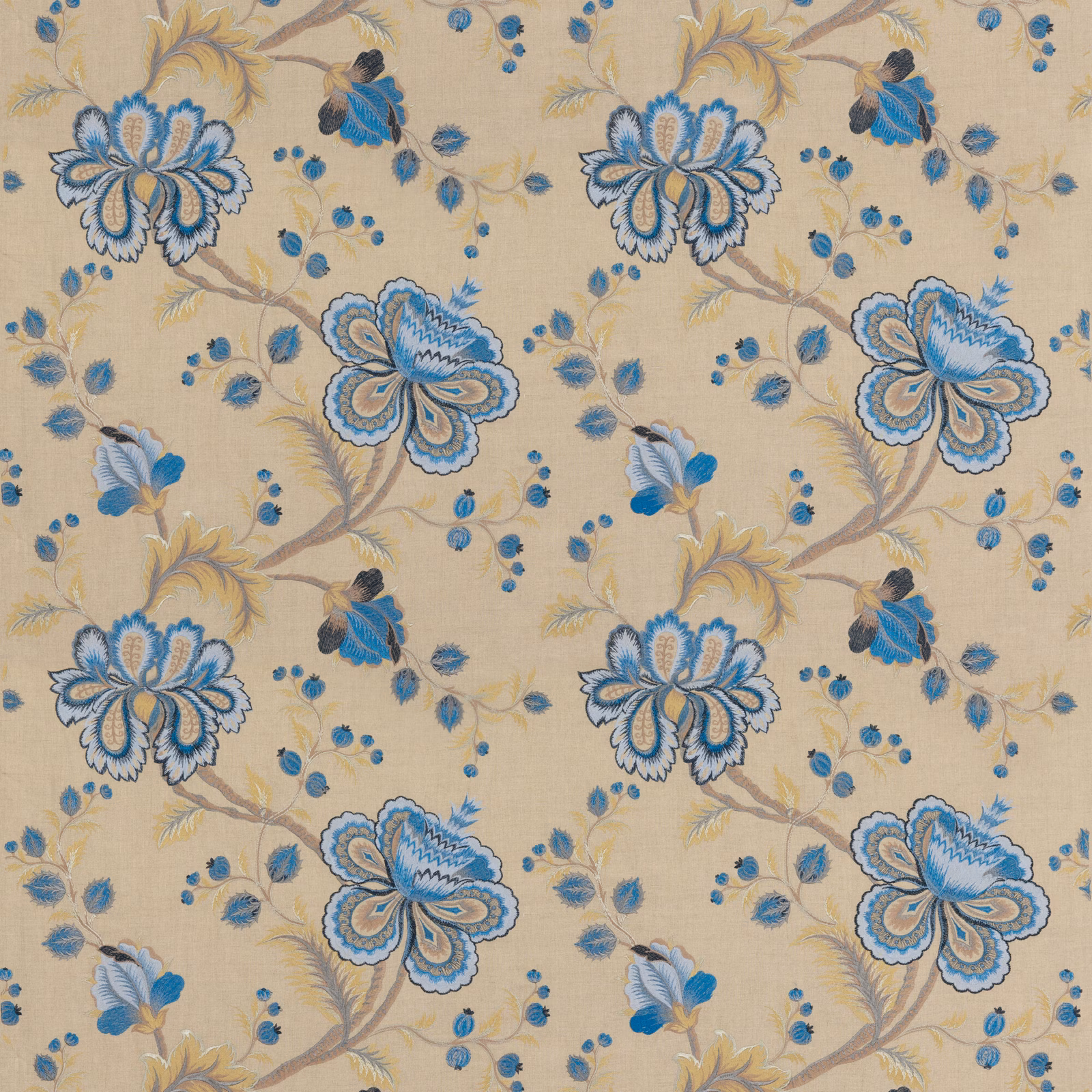 Beige floral fabric with indigo and blue flowers, taupe stems and ochre detail