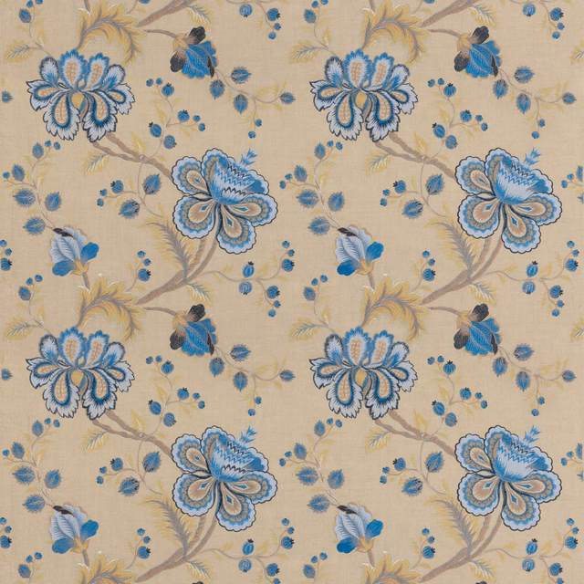Beige floral fabric with indigo and blue flowers, taupe stems and ochre detail