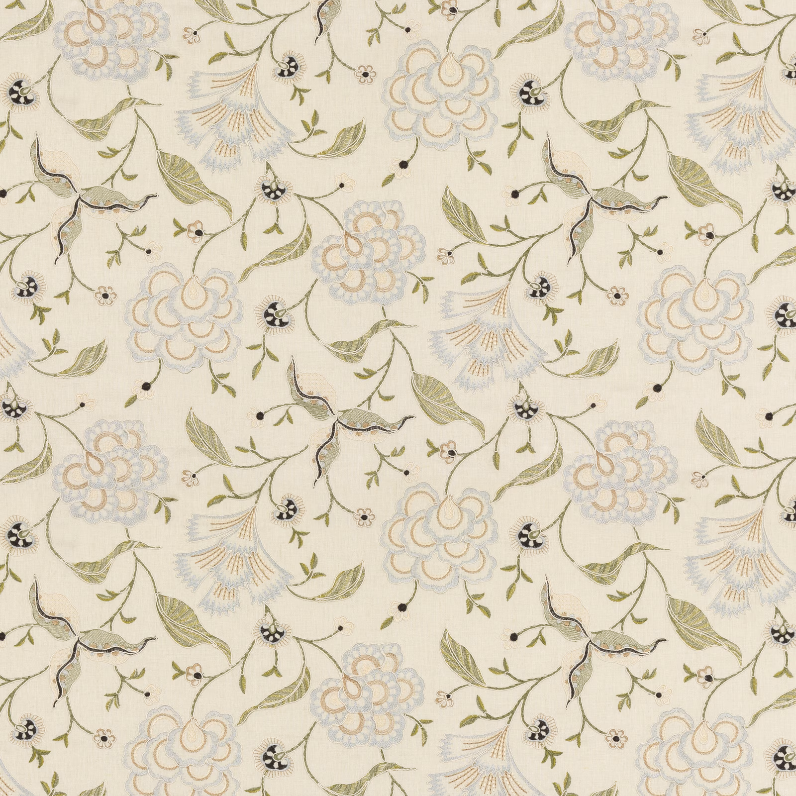 Warm cream fabric with sage leaves, blue-grey flowers and black botanical accents