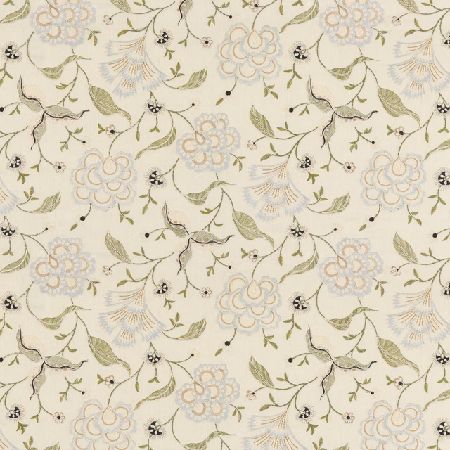 Warm cream fabric with sage leaves, blue-grey flowers and black botanical accents