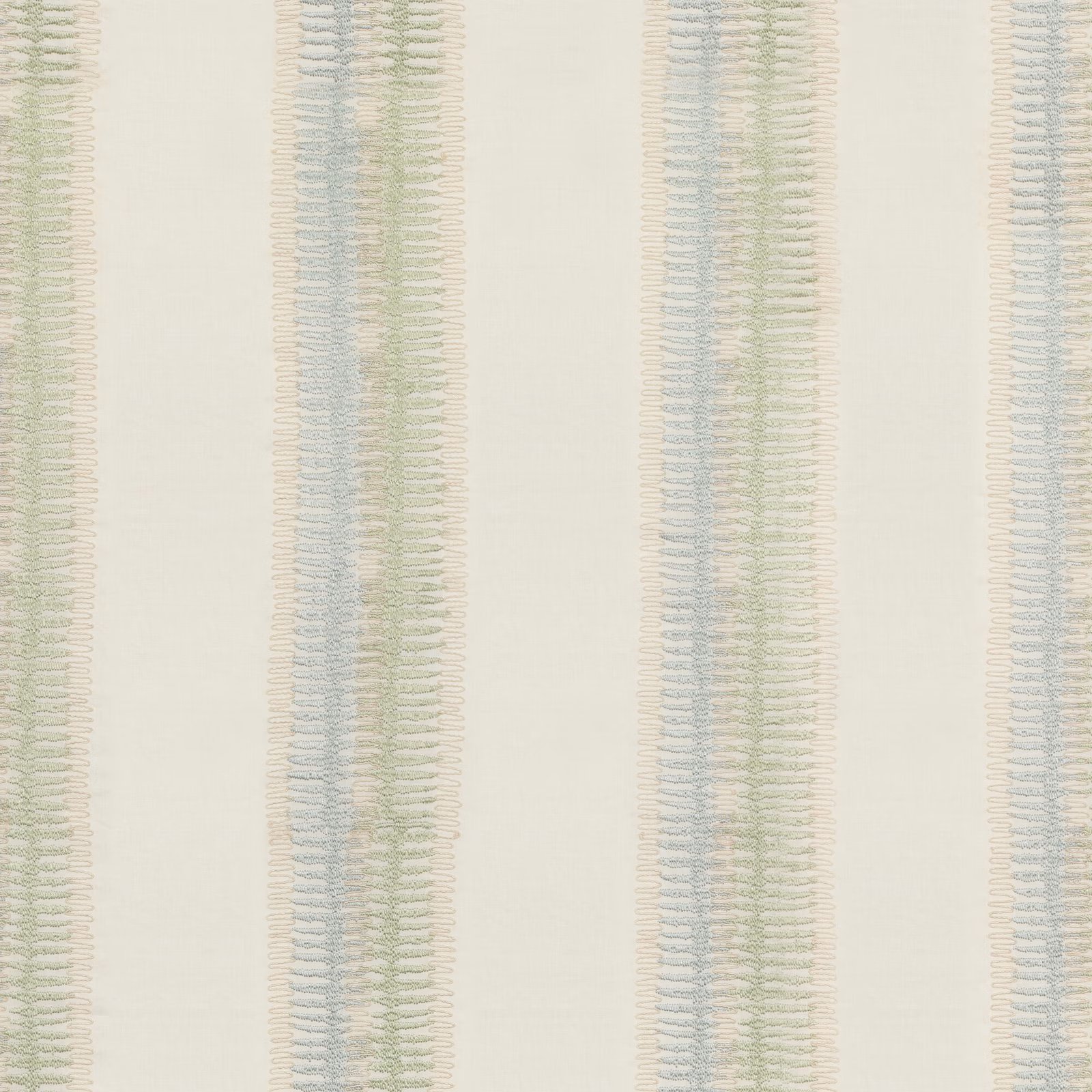 Ivory fabric with pale aqua and sage rippled vertical stripe bands