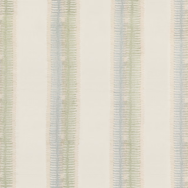 Ivory fabric with pale aqua and sage rippled vertical stripe bands