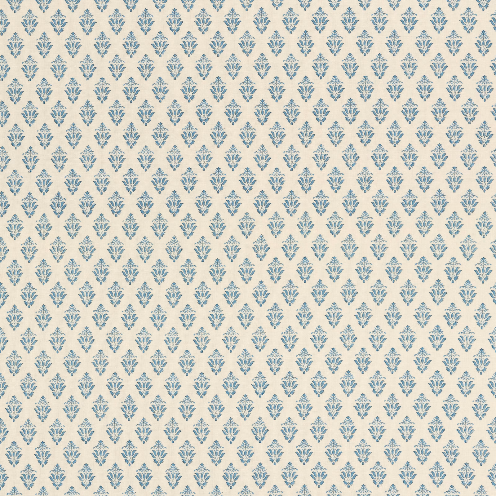 Cream textile with repeated muted indigo botanical motifs and a lightly textured weave