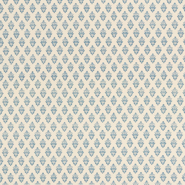 Cream textile with repeated muted indigo botanical motifs and a lightly textured weave