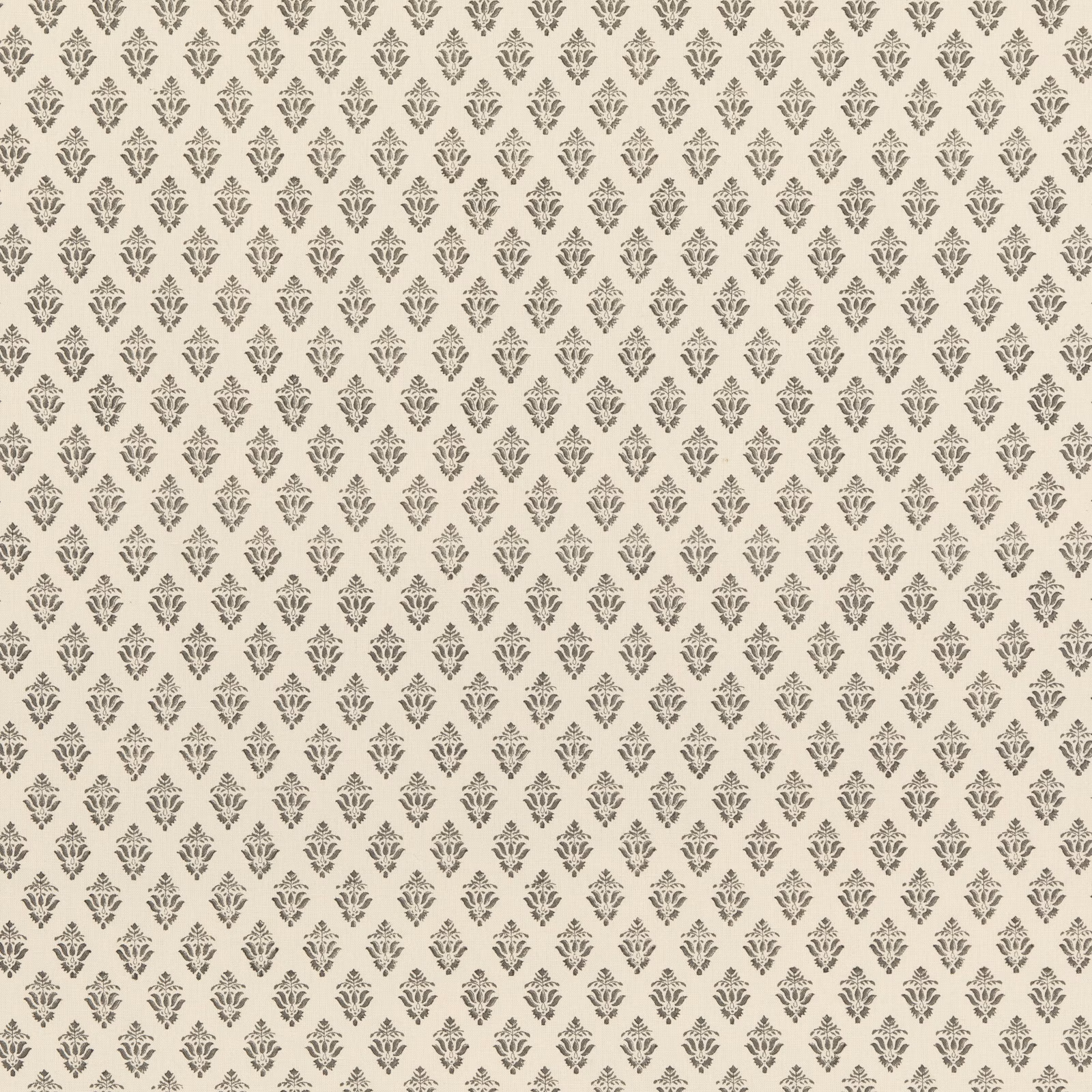 Warm grey textile with repeated small taupe botanical motifs and subtle surface texture
