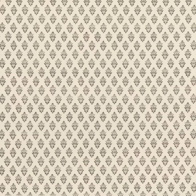 Warm grey textile with repeated small taupe botanical motifs and subtle surface texture
