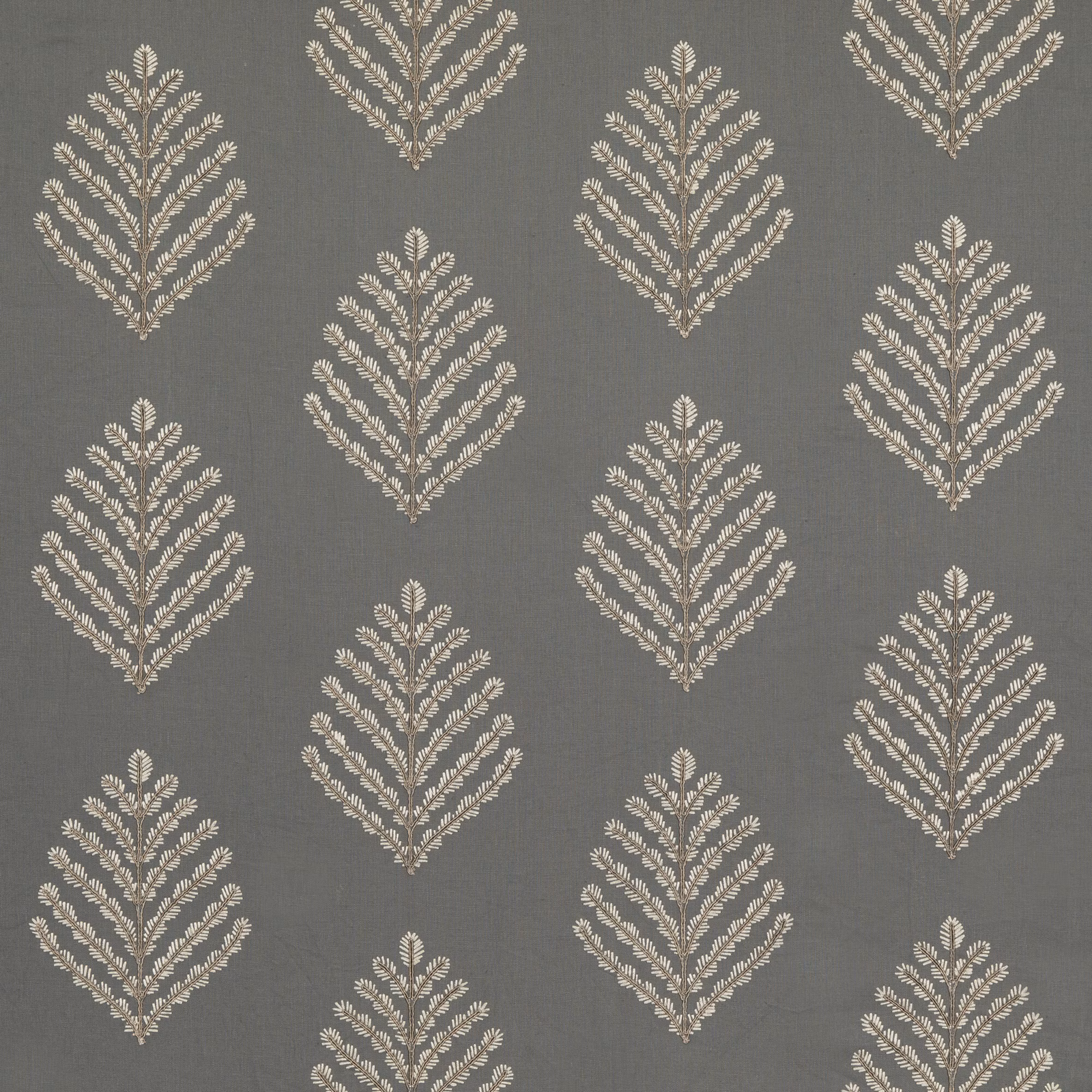 Dove-grey linen ground with repeated ivory botanical sprig motifs and subtle weave