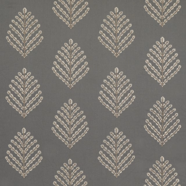 Dove-grey linen ground with repeated ivory botanical sprig motifs and subtle weave