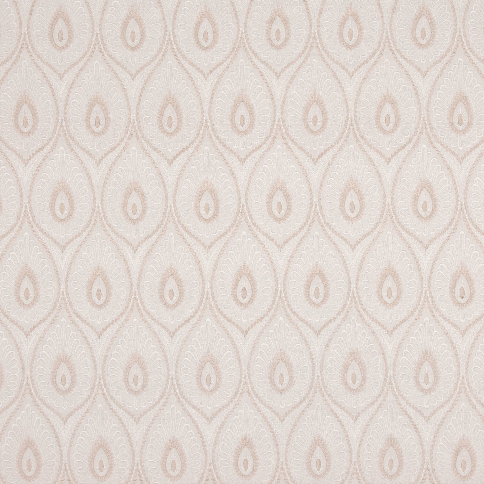 Pale antique-cream textile with taupe teardrop ogee motifs and fine woven texture