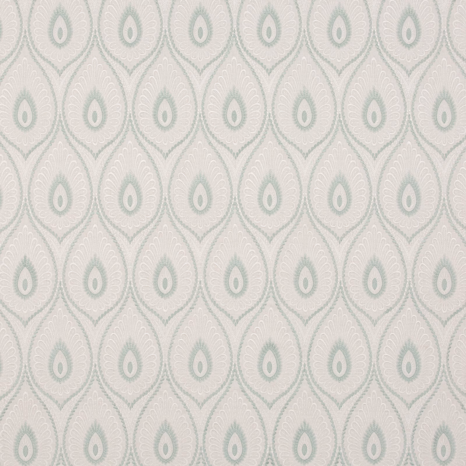 Pale aqua teardrop motifs on an ivory textured fabric ground