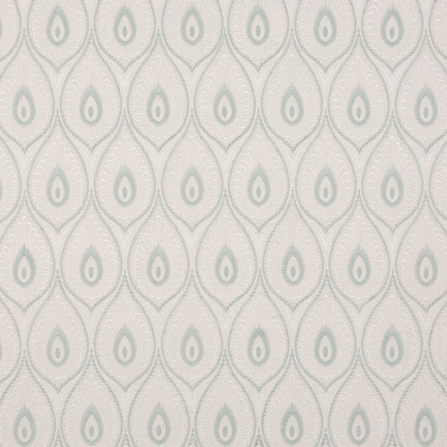 Pale aqua teardrop motifs on an ivory textured fabric ground