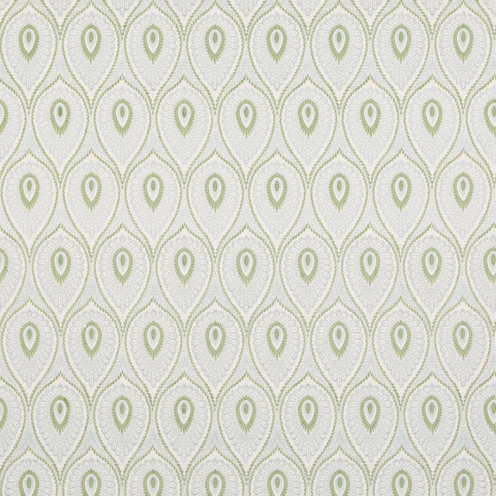 Pale aqua-green oval motifs repeating across an ivory Ashmore fabric ground