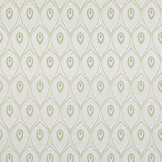 Pale aqua-green oval motifs repeating across an ivory Ashmore fabric ground