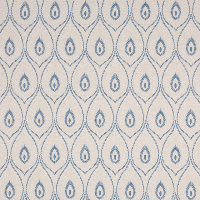 Muted blue teardrop medallions repeat across a softly textured ivory ground