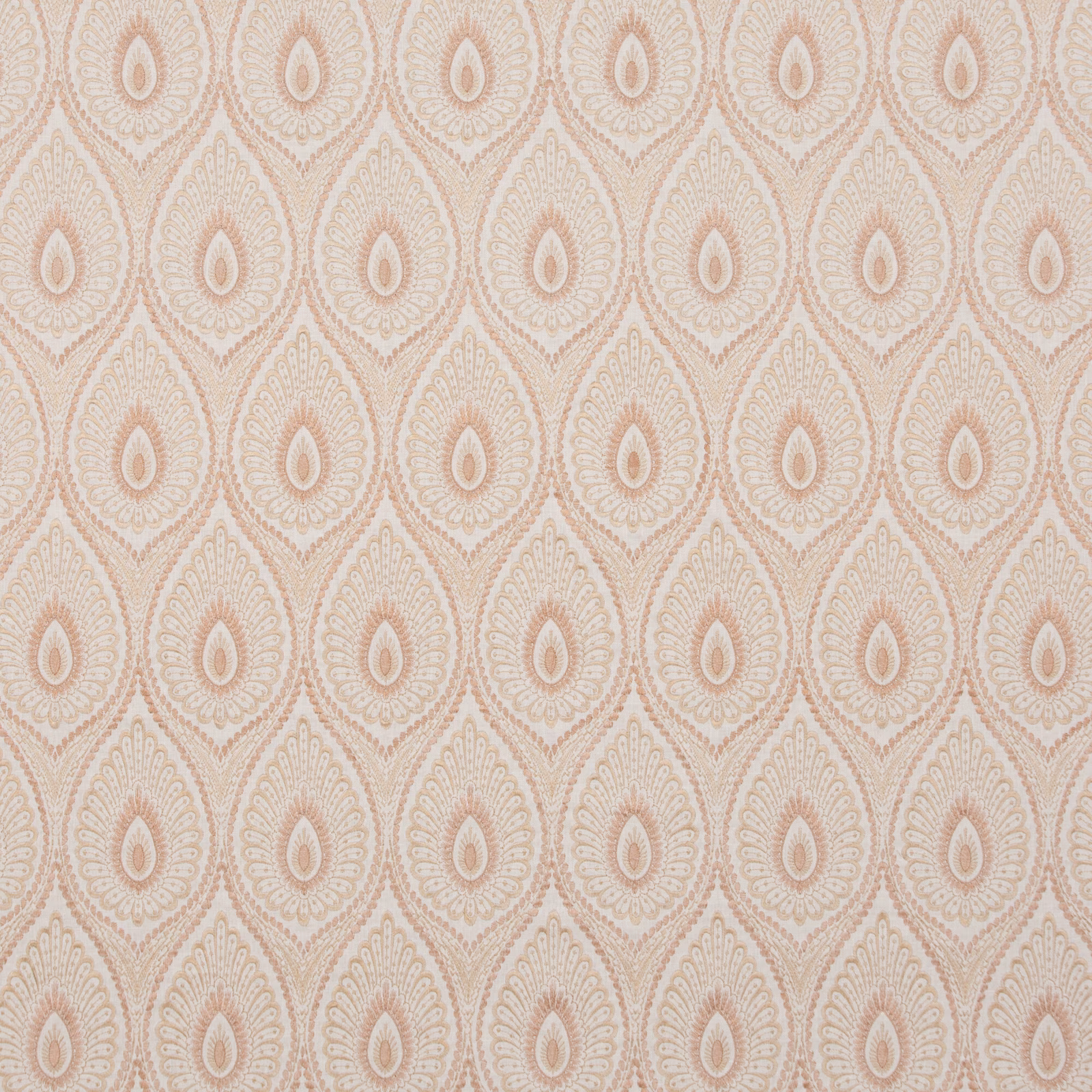 Pale shell ground with blush taupe teardrop medallions in a fine woven repeat