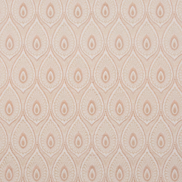 Pale shell ground with blush taupe teardrop medallions in a fine woven repeat