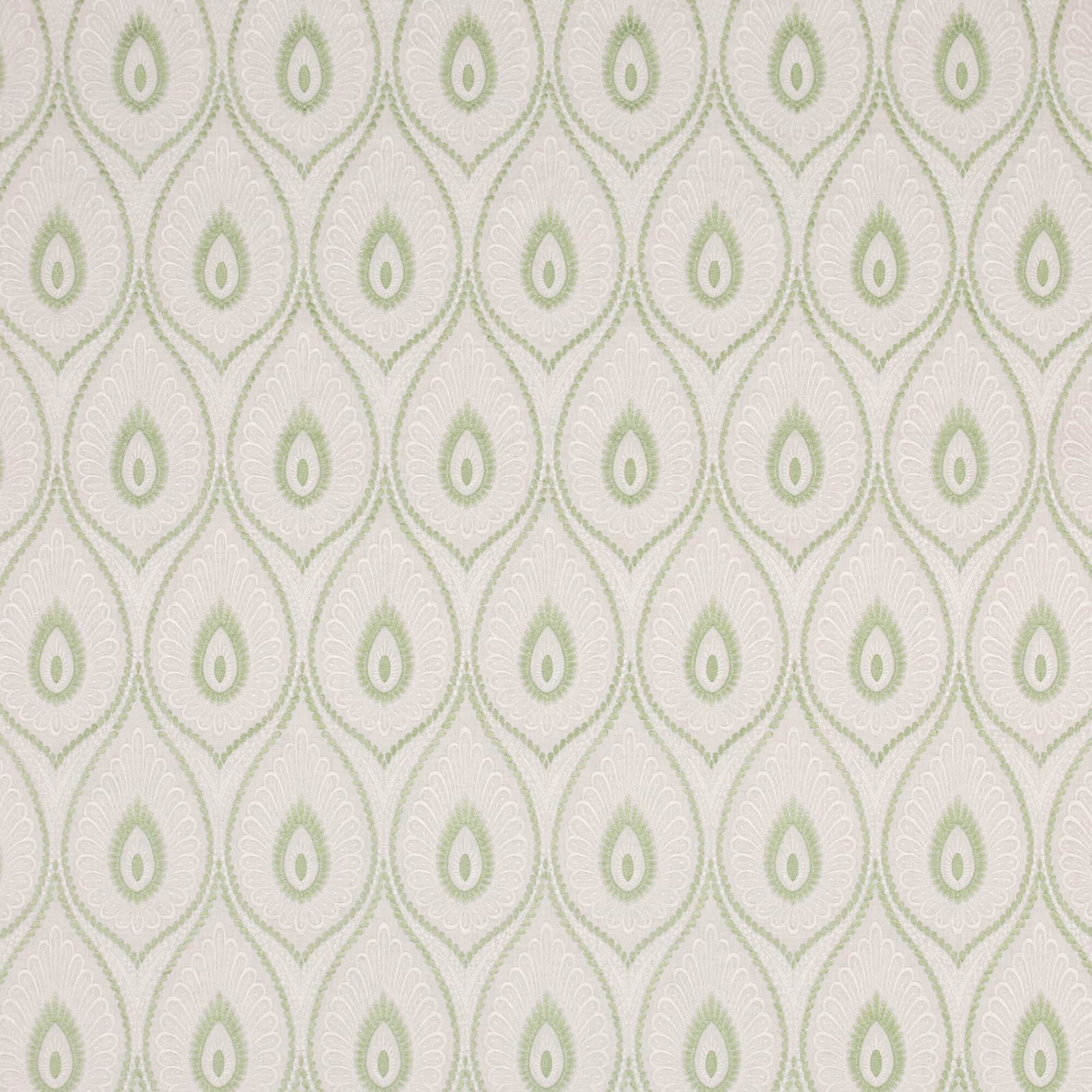 Pale spring green ogee medallions on a softly textured ivory fabric ground