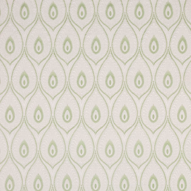 Pale spring green ogee medallions on a softly textured ivory fabric ground
