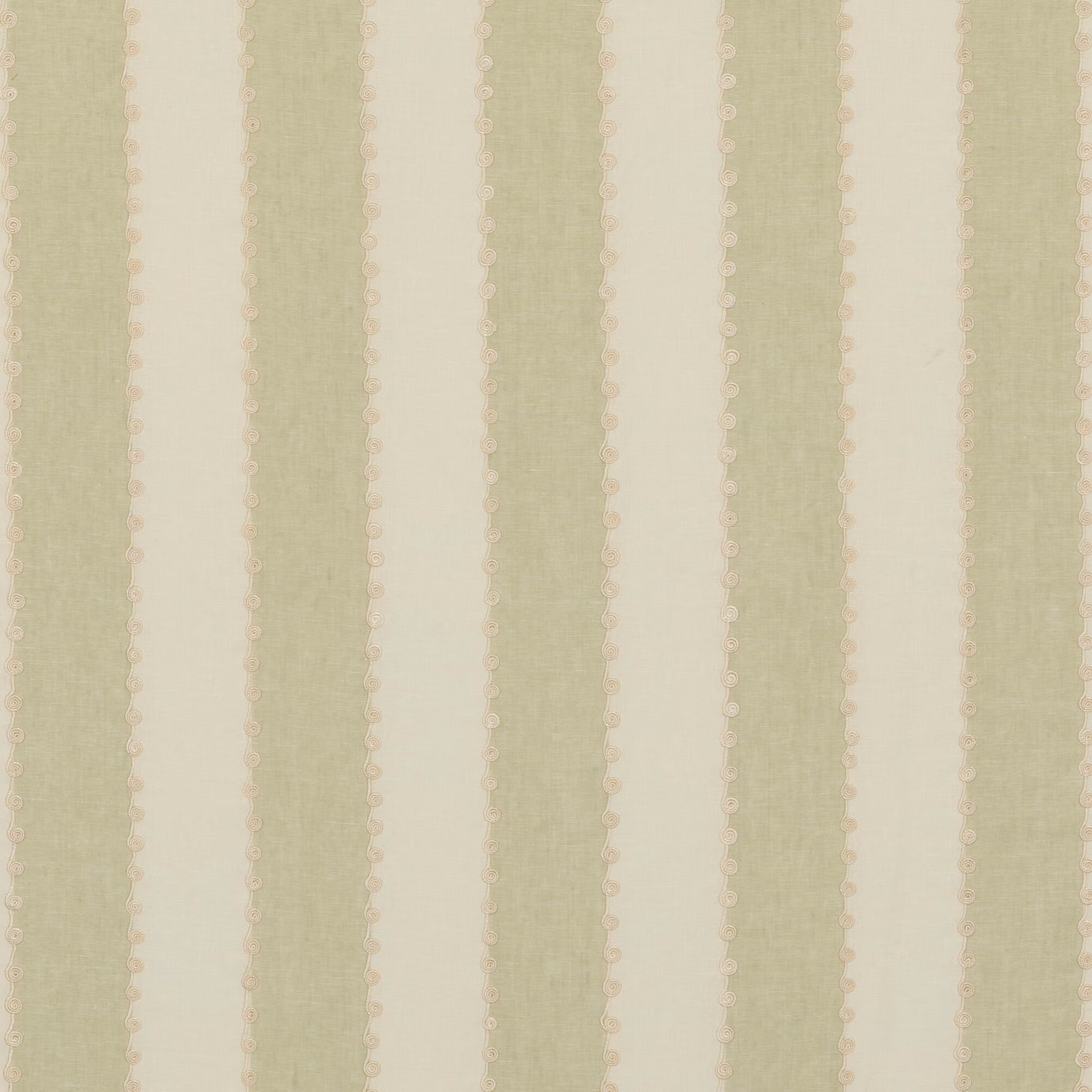 Pale sage-green and ivory vertical stripes with fine scalloped edging and linen texture