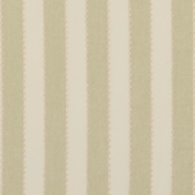 Pale sage-green and ivory vertical stripes with fine scalloped edging and linen texture