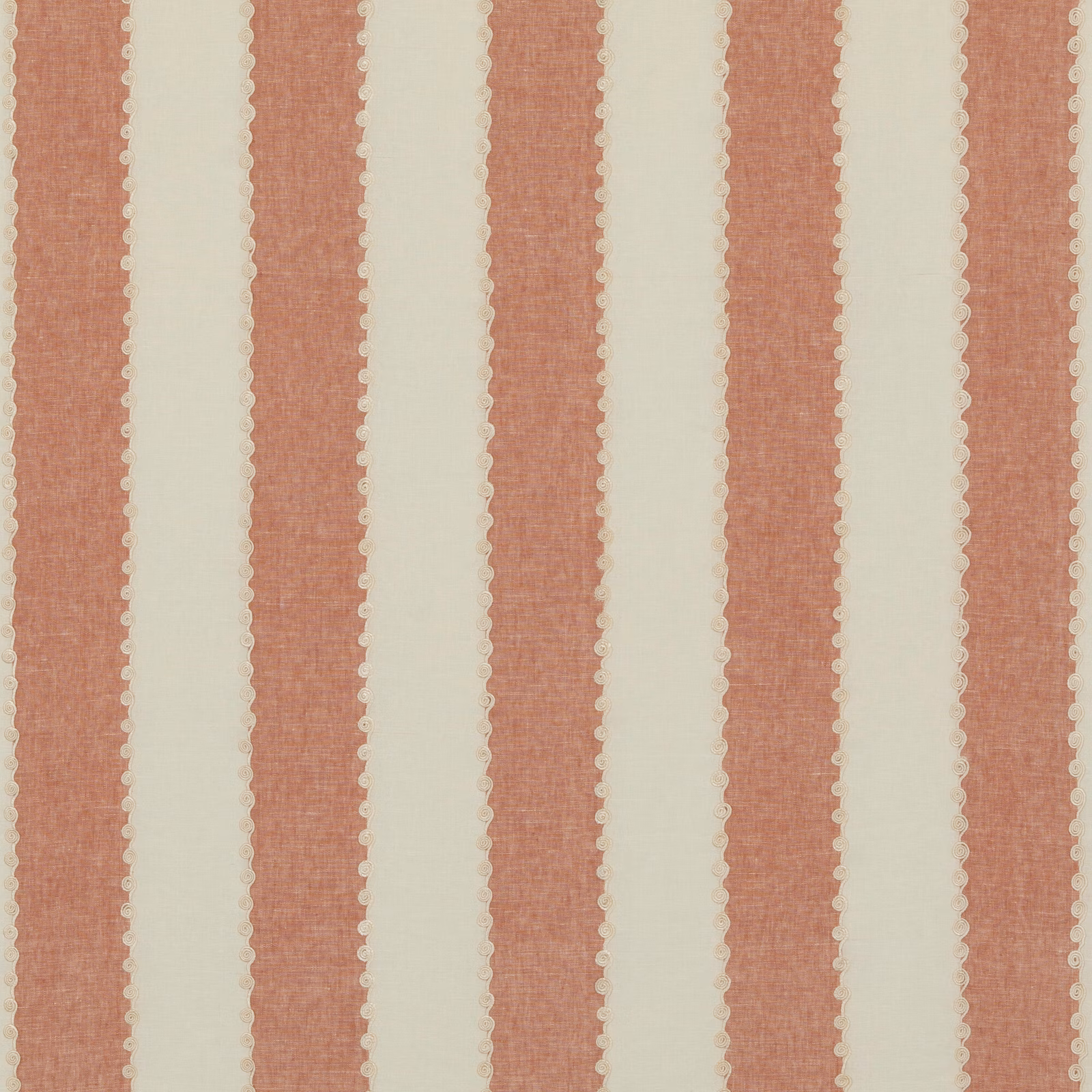 Dusty coral red and ivory vertical stripe fabric with softly textured woven surface