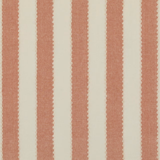 Dusty coral red and ivory vertical stripe fabric with softly textured woven surface