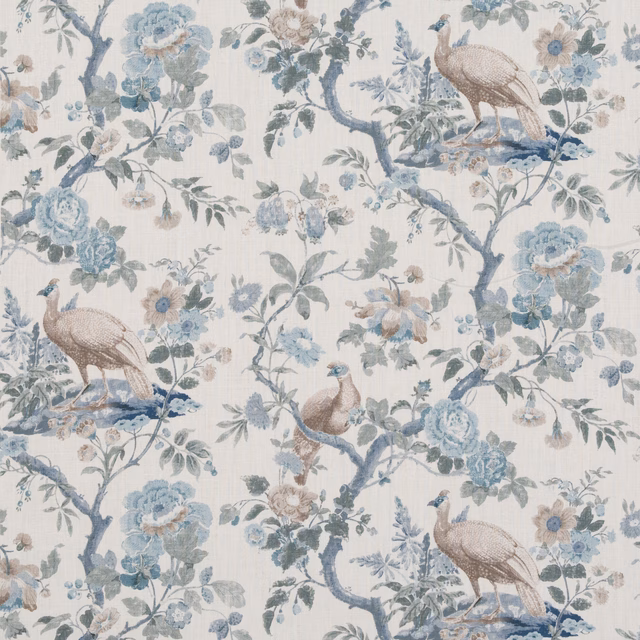 Pale ivory linen with powder-blue branches, flowers and long-tailed birds