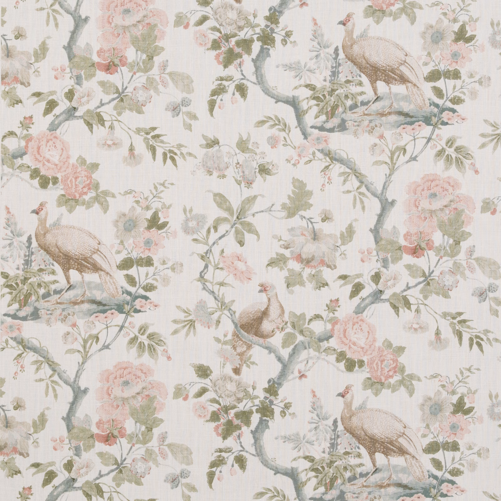 Rose blush linen with chinoiserie birds, flowering branches and pale botanical detail