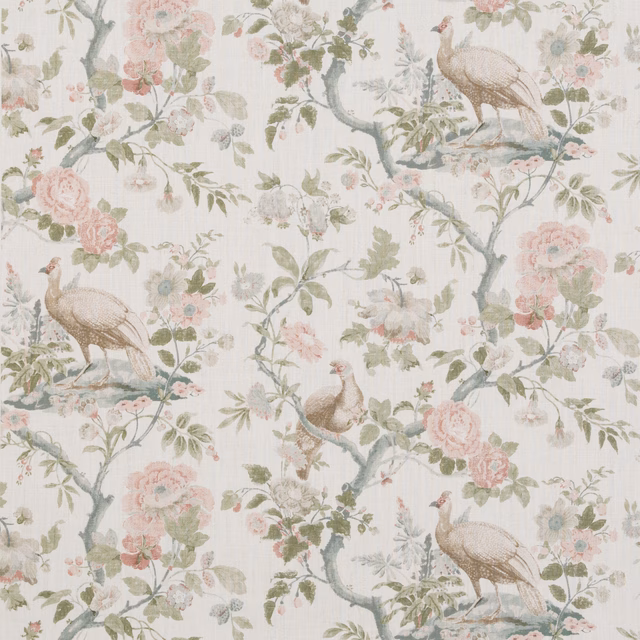 Rose blush linen with chinoiserie birds, flowering branches and pale botanical detail