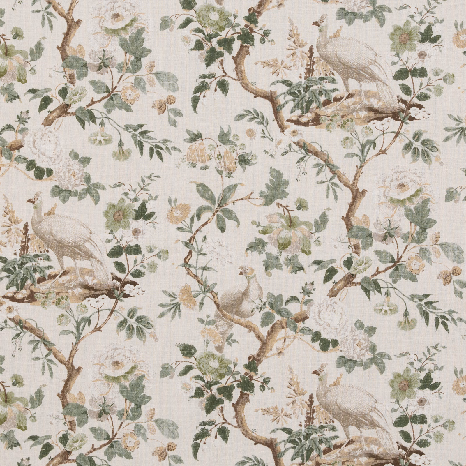 Ivory linen with sage foliage, muted rose flowers, taupe branches and perched birds