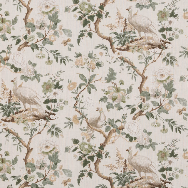 Ivory linen with sage foliage, muted rose flowers, taupe branches and perched birds