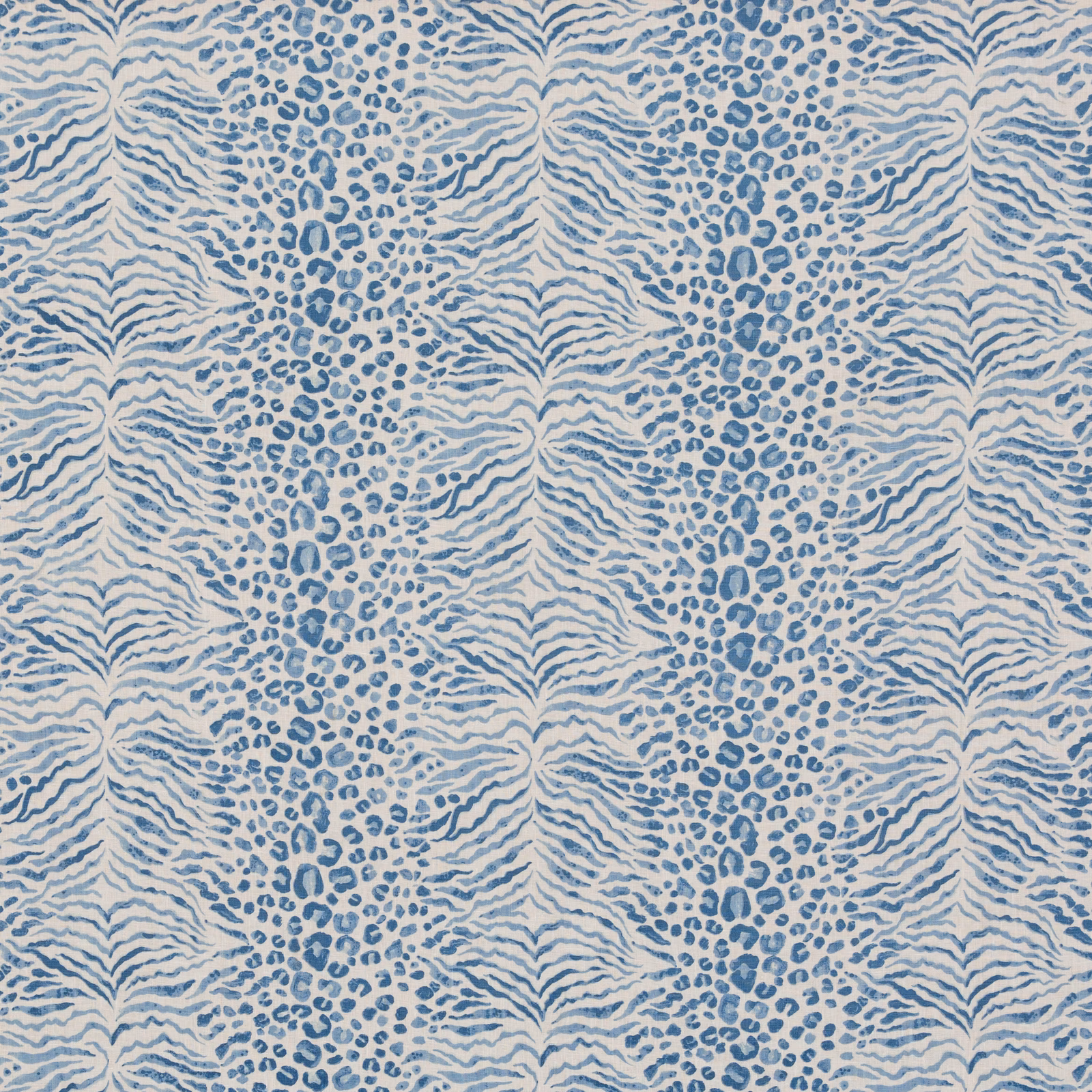 Muted blue and ivory linen with wavy stripes and irregular spotted bands